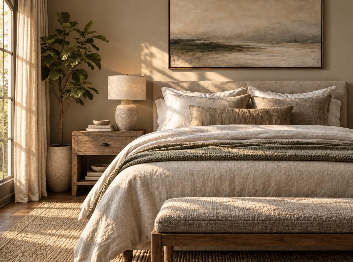 Warm neutral bedroom with linen bedding