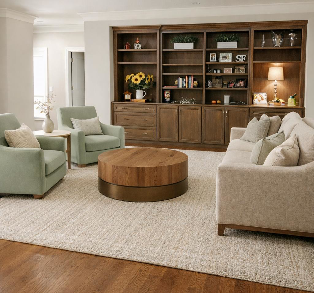 Living room with custom built-ins